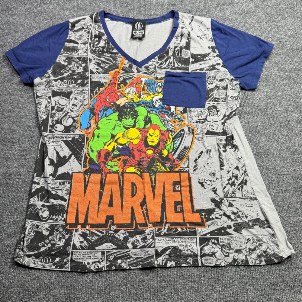Marvel Recycled Karma T Shirt Mens Large‎ Gray Blue Avengers Comic Pocket Tee